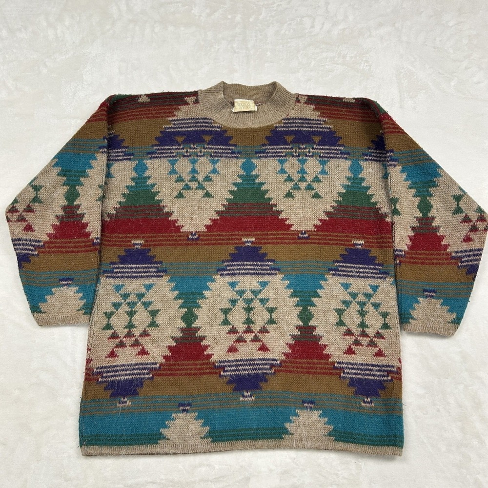 Vintage Knit Sweater womans XL Tan Multicolor Southwestern Geometric aztec